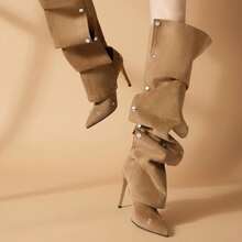 Women's High-Shaft Pointed Toe High Heel Stiletto Western Cowboy Boots With Button Patchwork, 2-Way Wear Slouchy Fashion Boots - Khaki Suede - View 5