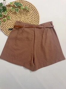 Shorts Marrant With Belt And Pocket, High Waist - 卡布奇諾 - 查看 2