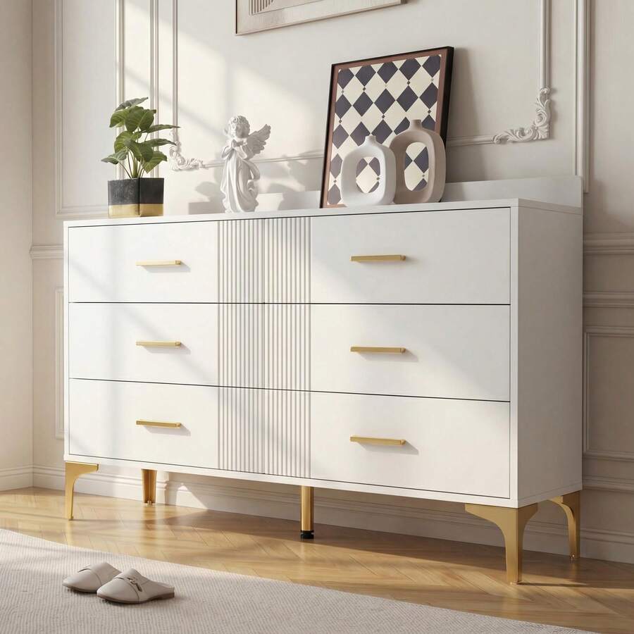 Sideboard With 6 Drawers - White Door Cabinet With Drawers For Living Room And Bedroom, Dimensions: - 白色 - 查看 1