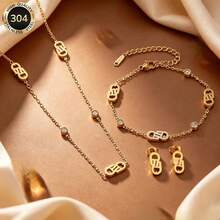 Premium 18K Gold Letter 3 PiecesJewelry Set, Rhinestone Studded Thin Chain Necklace, Bracelet And Earrings, Elegant Women's Accessories, Suitable For Daily Wear - Multicolor - View 1