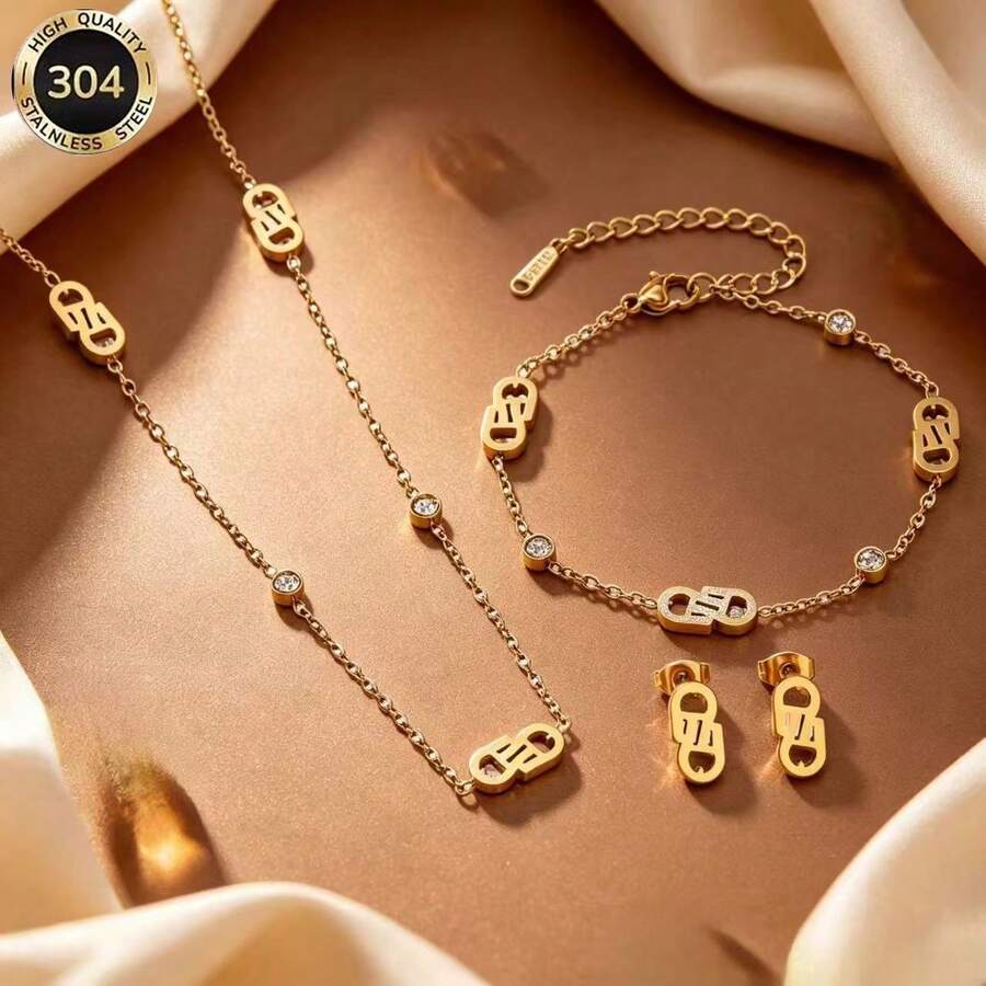 Premium 18K Gold Letter 3 PiecesJewelry Set, Rhinestone Studded Thin Chain Necklace, Bracelet And Earrings, Elegant Women's Accessories, Suitable For Daily Wear - Multicolor - View 1