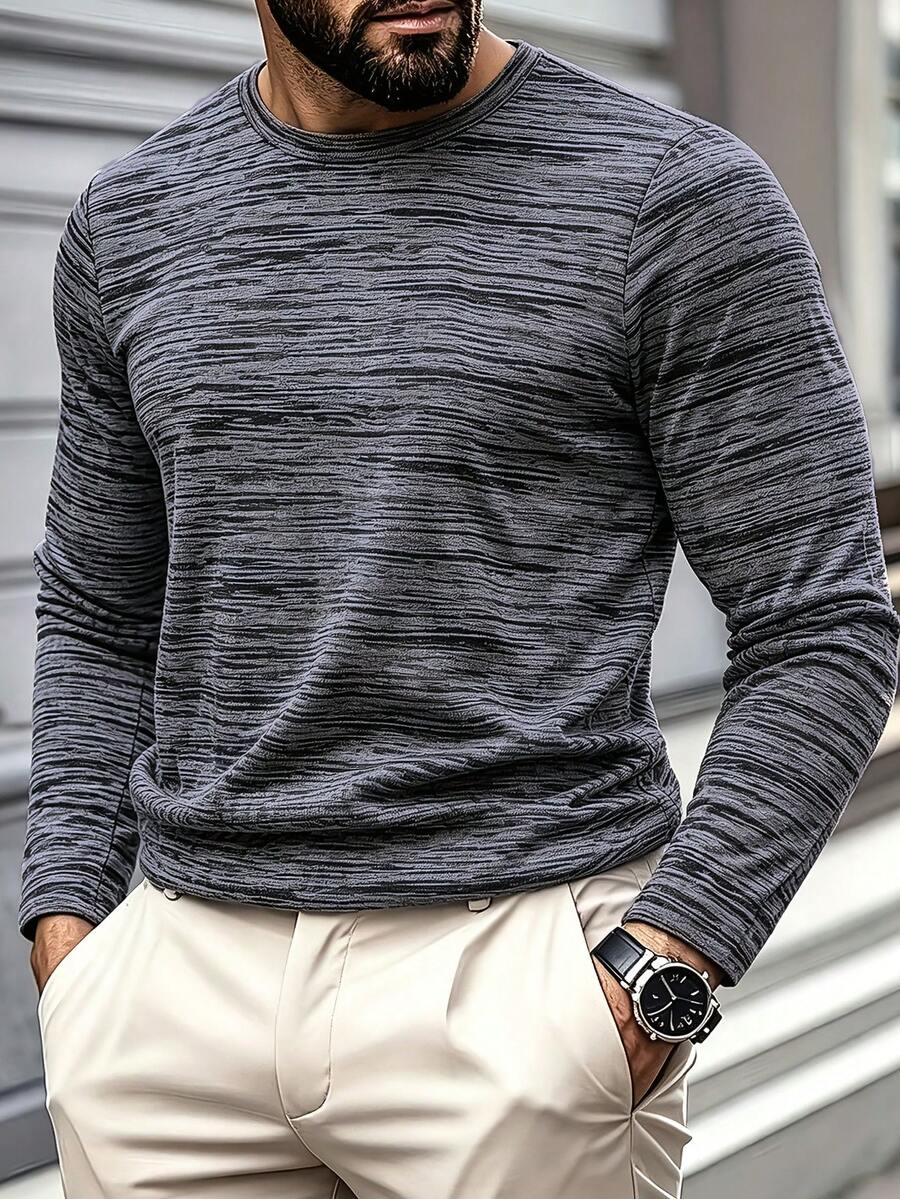 Men's Long Sleeve Crew Neck T-Shirt - Versatile Men's Top - Light Grey - View 1