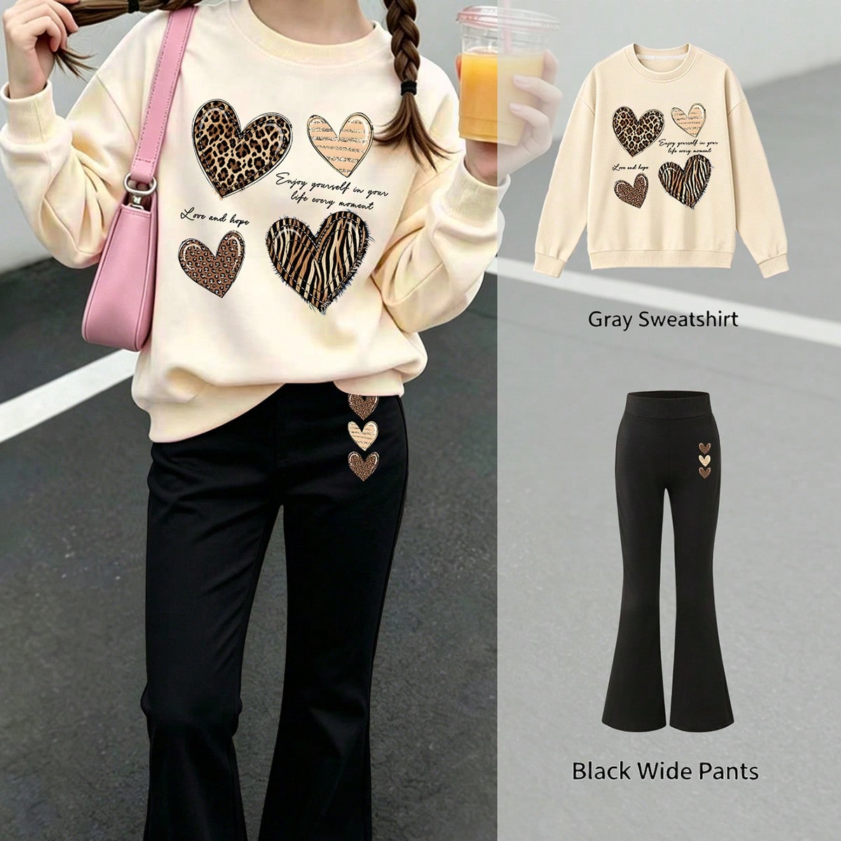 2pcs/Set Girls Leopard Print Denim Heart Print Crew Neck Sweatshirt + Flare Pants, Autumn/Winter Fashion Comfortable New Outfit