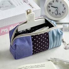 1pc Pudding Three-Color Large Capacity Pencil Case, Ins Style Patchwork Polka Dot Korean Student Canvas Storage Bag, Portable Polka Dot Plaid Organizer - Color Matching - View 2