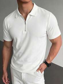 Men's Solid Color Half-Zip Casual Versatile Commute Travel Short Sleeve Polo Shirt - White - View 5
