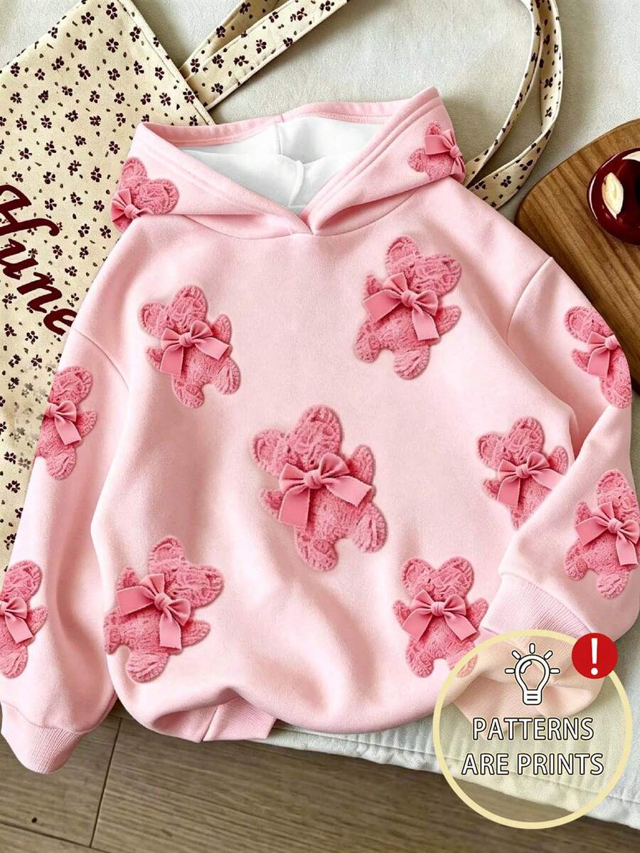 Tween Girl Cartoon Print Warm Hooded Sweatshirt - Pink - View 1