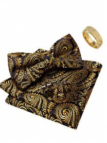 Jacqaurd Paisley Pattern Gold Bow Tie Hanky Cufflinks Complete Evening Party Accessory Kit - Gold - View 1