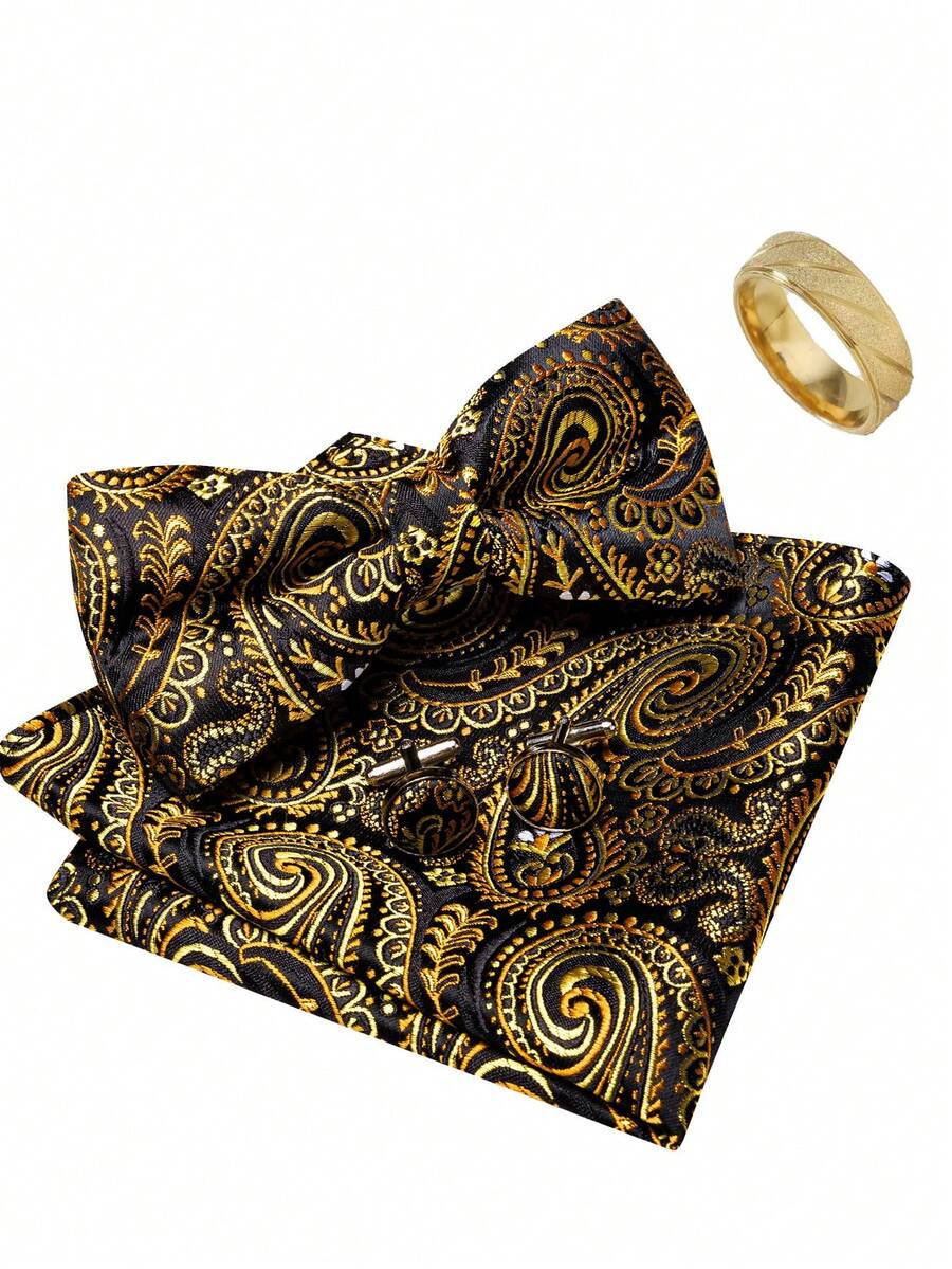 Jacqaurd Paisley Pattern Gold Bow Tie Hanky Cufflinks Complete Evening Party Accessory Kit - Gold - View 1