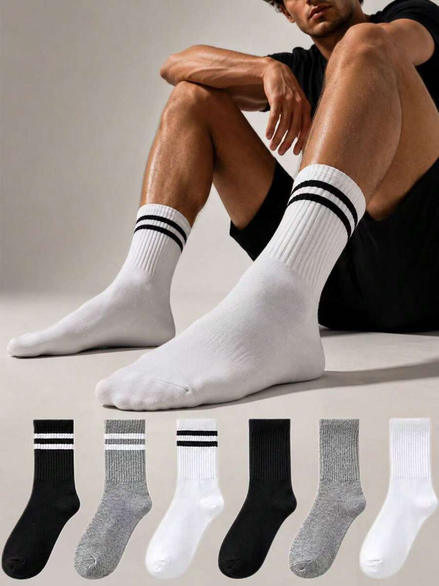 1/3/6 Pairs Men's Black White Grey Striped Solid All-Match Sports Casual Versatile Mid-Calf Socks - Multicolor - View 1