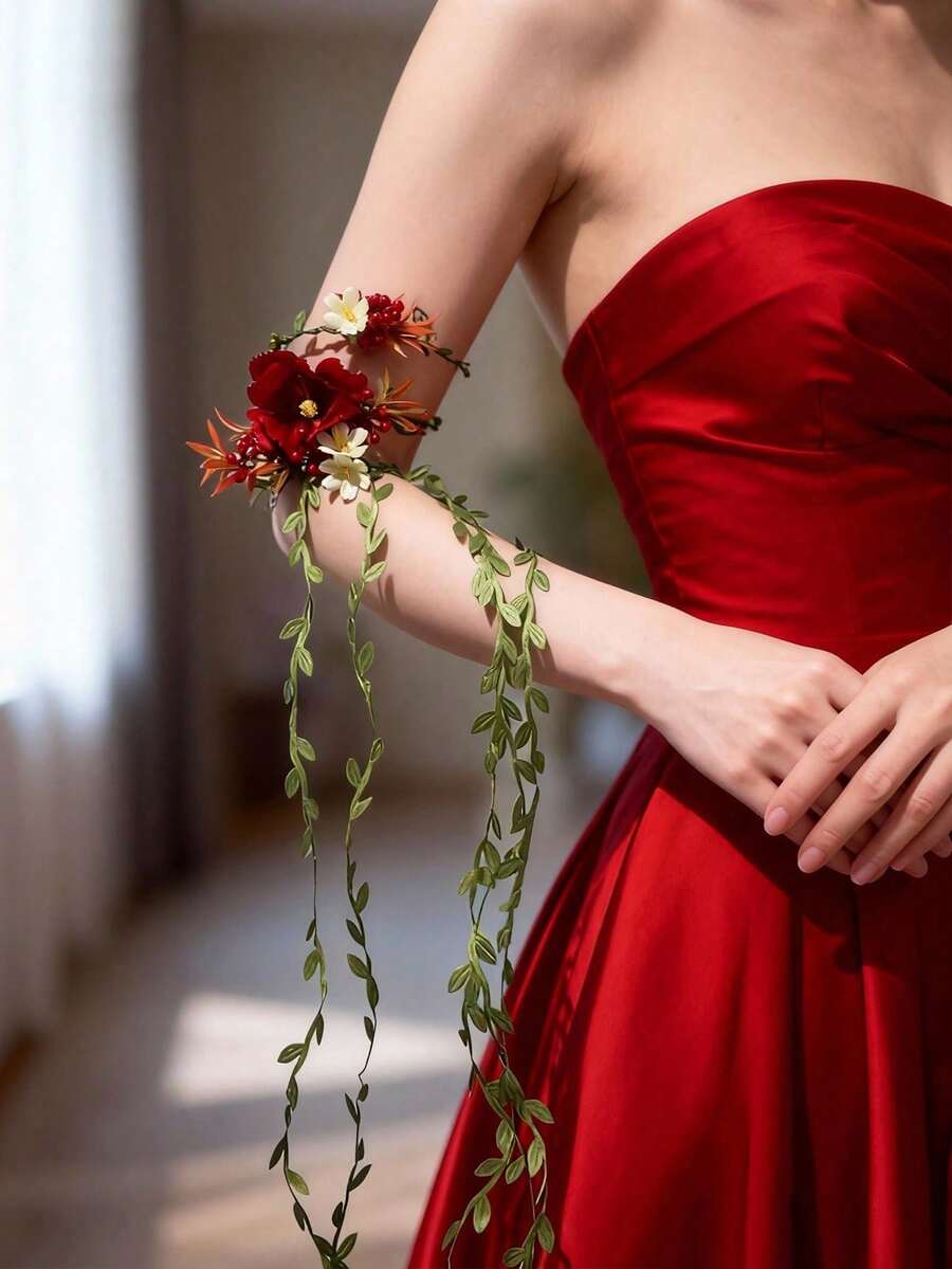1/3/5件優雅波希米亞風紅色花卉手臂花環,配白色點綴與綠葉,浪漫新娘手臂飾品,適合晚宴派對攝影 - 紅色 - 查看 1