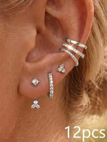 6/12pcs Exquisite Dazzling Earring Sets Earrings Stack Stack Golden Silvery Rhinestone Flower Hoop Cuff Stud Women Party Jewelry Gifts - Earring Set - View 9