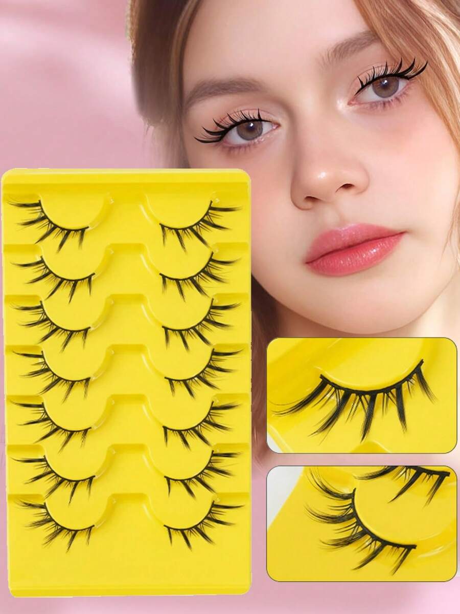 Natural Wispy Long Tail Manga Cat Eye Half False Eyelashes 7 Pairs Multipack, Soft 3D Faux Mink Strip Lashes Suitable For Halloween Cosplay Daily Look - 查看 1