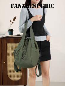 Mochila tipo cubo de nailon suave con cierre de cordón, múltiples bolsillos laterales, decoración de logotipo redondo, uso versátil, bolsa casual para viajes y desplazamientos - Verde militar - Ver 3