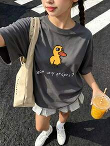 青少年女孩卡通印花T恤，適合女孩日常穿著，春夏休閒百搭上衣 - 深灰色 - 查看 1