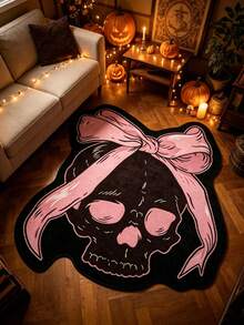 1 pieza Alfombra de calavera dulce negra & rosa, Halloween, alfombra decorativa, decoración de dormitorio, alfombra pequeña, alfombra, decoración del hogar, alfombra de sala de estar, alfombra pequeña de sala de estar, alfombra de dormitorio, decoración del hogar de sala de estar, alfombra de exterior, alfombra lavable - Multicolor - Ver 2