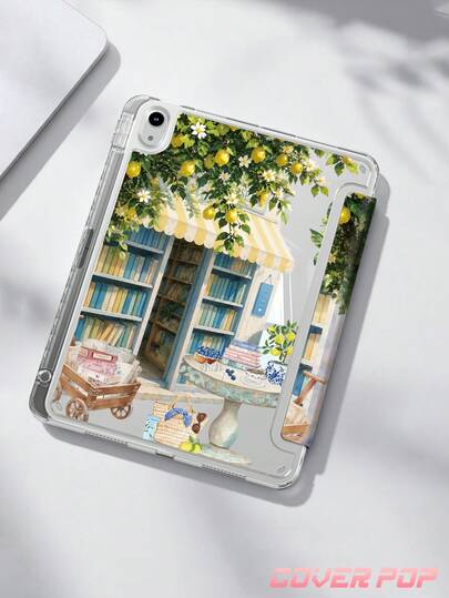 檸檬樹海灘書店圖案平板保護殼，相容 iPad Air 8 (M4) 2026 (11 吋)/2026 (13 吋)、9.7/10.2/10.5/10.9/12.9/Pro 11/A16、第 10 代，相容 Kindle Paperwhite 第 12 代 2024、Kindle (第 11 代-2024 型號)，柔軟防震，智慧休眠/喚醒功能，Y 型折疊平板保護殼，多角度觀看