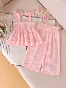 2pcs Baby Girl Cute Fresh Print Camisole Top And Long Pants Set, Spring/Summer - Baby Pink - View 2