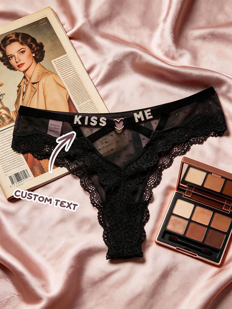 Sexy Custom Name Lace Thong For Women, Crystal Initial T-Back Bikini Underwear, Personalized Lingerie Gift, Perfect For Valentine's Day Christmas B - Black - View 1