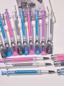Syringe-Shaped Neutral Pen, Used For Simulating Virus ; Syringe Design, Randomly Distributed Black Signature Pen And Vaccine Pen, Suitable For School Supplies, Back To School Season - A - View 2