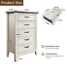 Cómoda alta vintage de 5 cajones para recibidor – Mueble organizador de madera – Ideal para dormitorio, sala, habitación infantil y pasillo – Diseño vintage clásico - Blanco - Ver 2