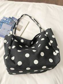 Women's Polka Dot Canvas Tote Bag, Large Capacity Shoulder Bag With Front Pocket, Casual Handbag For Daily Use - Black - View 4