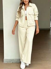 Women's Spring/Autumn Fashion Casual Solid Color Lapel Long Sleeve Top & Solid Color Long Pants 2-Piece Set - Apricot - View 3