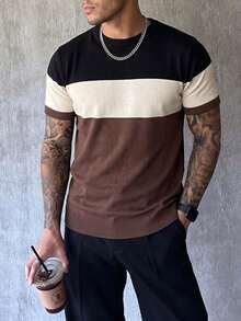 Men's Colorblock Crew Neck Short Sleeve Casual Knit Top - Coffee Brown - View 1
