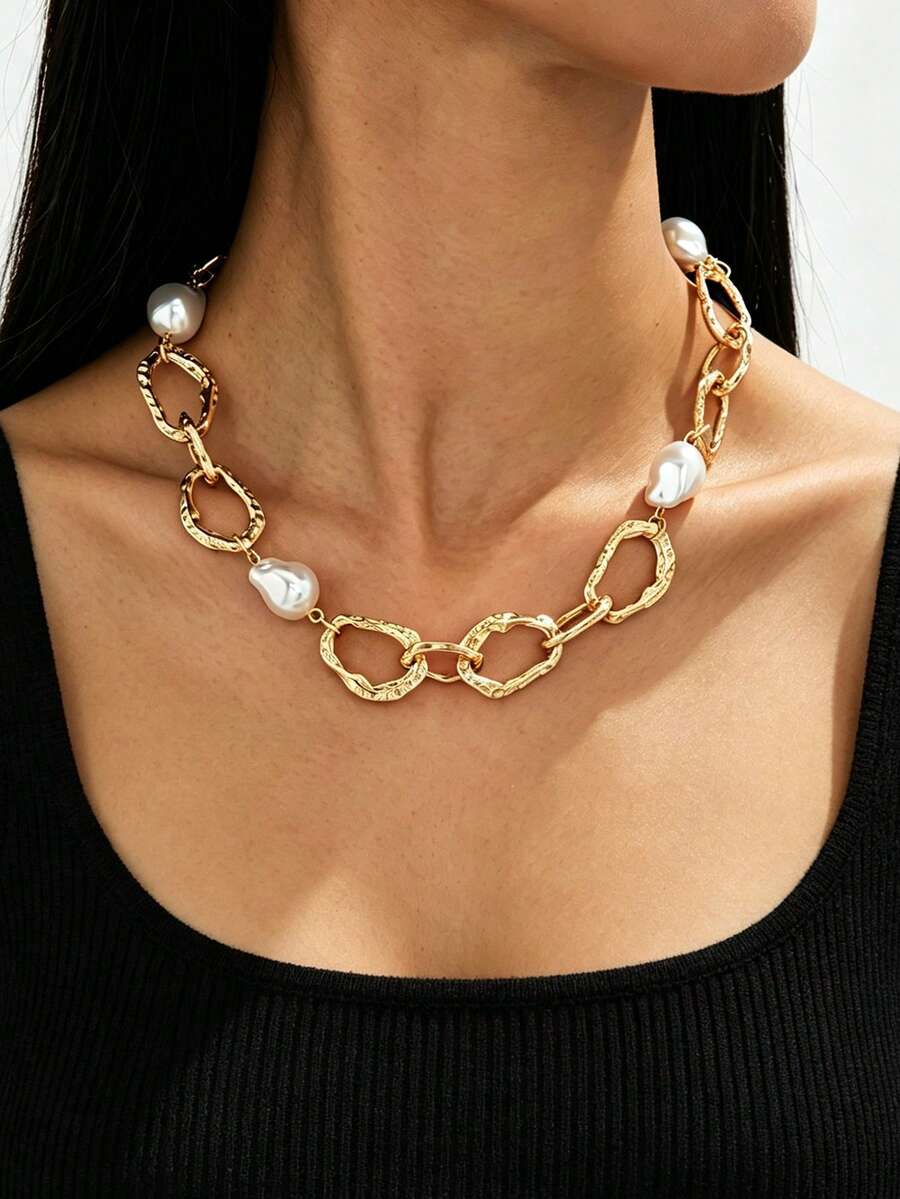 1pc French Chic Vintage Jewelry Necklace, Metal Chunky Chain With Faux Pearls, Versatile For Street Style, Parties And All Occasions Throughout The Seasons - Yellow Gold - View 1