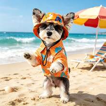 2pcs Dog Summer Sun Protection Set, Breathable Hawaiian Floral Shirt + UV Protection Sun Hat, Beach Vacation Outfit For Small And Medium Dogs - Orange - View 7