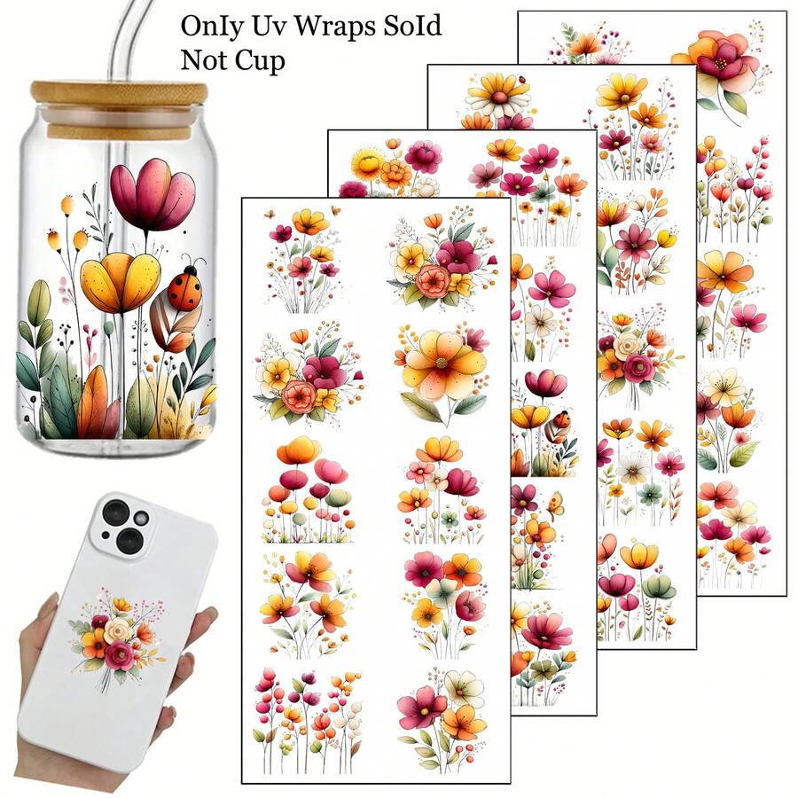 4pcs/Set Watercolor Meadow Boho Flowers Theme Pattern UV Transfer - For Crafts, Mugs, Laptops & Water Bottles, Self-Adhesive Plastic, Mug Decoration, Laptop, Holiday Decorations, Festive Designs, Highquality Prints, Durable - Multicolor - View 1