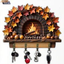 Autumn Maple Leaf Wooden Key Holder, Key Storage Rack, Maple Leaf Fireplace And Forest Mushroom Basket Pattern, 4-Hook Wall Storage Rack, Rustic Farmhouse Entryway Decor - Multiple Styles - View 5