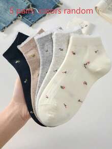 5 pares de calcetines de tobillo para mujer, estilo casual con estampado floral pequeño en blanco y negro, simples y cómodos, adecuados para todas las estaciones - Multicolor - Ver 6