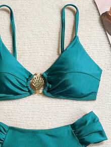Women's Solid Color Shiny Fabric Metal Decor Spaghetti Strap Bikini Two Pieces Set Summer Vacation Beach - Green - View 4