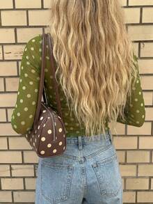 Women Green Polka Dot Slim Long Sleeve Top Cowl Neck Soft Tee Fall Back To School Inner - Green - View 2