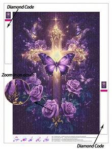 5D DIY Diamond Painting Kit, Gold Cross With Purple Roses And Butterflies Diamond Art Set, Dreamy Purple Religious Floral Wall Decor, Adult Stress Relief Diamond Painting, Handmade Wall Art, Crafting Fun - No Frame - View 8