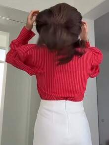 Women's Fashion Elegant Commute Lapel Long Sleeve Striped Shirt, Solid Color Front Button-Down Office Daily Autumn/Winter - Red - View 3