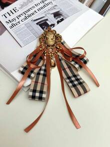 Vintage Embossed Beauty Portrait Plaid Bow Tie, Caramel Satin Ribbon Rhinestone Pendant Collar Flower, Preppy Shirt Suit Collar Accessory - Coffee Brown - View 4