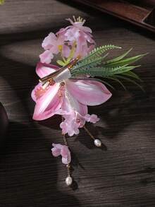 1件甜美粉色調人造百合花髮夾，少女風側邊髮夾，適合盤髮，仙女風女性攝影與穿搭髮飾 - 玫粉色 - 查看 6