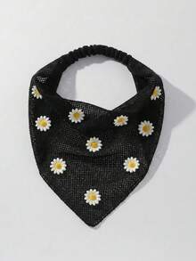 2件/1套 女款時尚原創花卉刺繡捲邊雛菊裝飾髮帶髮箍，適合日常與度假使用 - 白色+黑色 - 查看 5