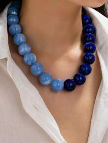 1pc Blue Gradient Chunky Resin Bead Necklace For Women - Large Marble Swirl Effect Bead Choker Necklace, Bold Vintage Jewelry - Necklace - View 7