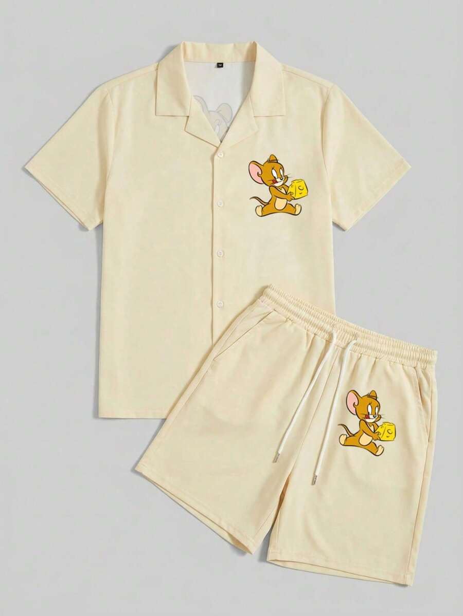 Strevion TOM & JERRY 男士卡通印花短袖襯衫與抽繩口袋休閒短褲套裝 - 彩色 - 查看 1