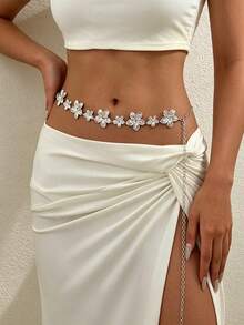 1 pieza Cadena de cintura de metal 3D con flores dobles vintage y personalizada, cinturón de cintura bohemio elegante y versátil adecuado para cualquier ocasión para mujeres - Dorado 3 - Ver 16