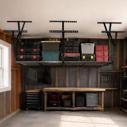 Overhead Garage Storage Rack 4X8 Ft, Heavy Duty Metal Ceiling Mount Organizer, Adjustable Drop Down 22-40 Inch, 600 Lb Capacity, Space Saving Lift For Christmas Decor, Camping Gear, Black-XY747503