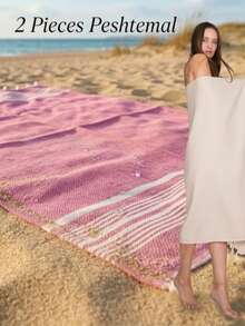2 Pieces %100 Cotton Mykonos Peshtemal, 2 Peshtemals In Same Colour, 2 Peshtemal Suitable For Beach And Home Use - Hot Pink - View 9