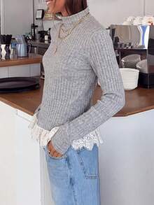 Women's Ribbed Contrast Lace Hem Knit Long Sleeve Top - Light Grey - View 6