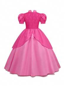4pcs/Set Girls Rose Red Bubble Short Sleeve Dress Crown Handbag Set Children Princess Role Play Party Performance Christmas Carnival Costume - Hot Pink - View 6