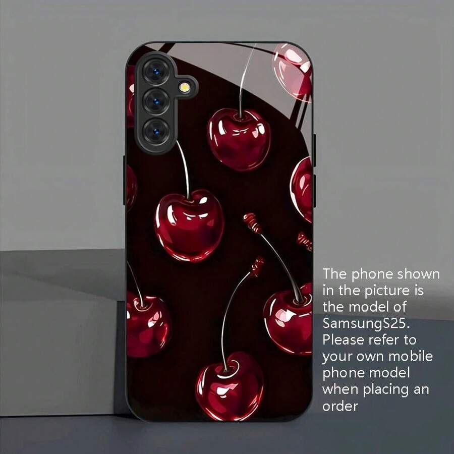 Phone Case: Scarlet Cherry Talk 2025 New Black Tempered Glass Phone Case For Samsung S25 Ultra/S25/Galaxy S24/S24 FE/S24 Plus/S24 Ultra/S23/S23 FE/S23+/S23 Ultra/S22/S22+/S22 Ultra/S21/S21+/S21 Ultra/S20 - Black - View 1