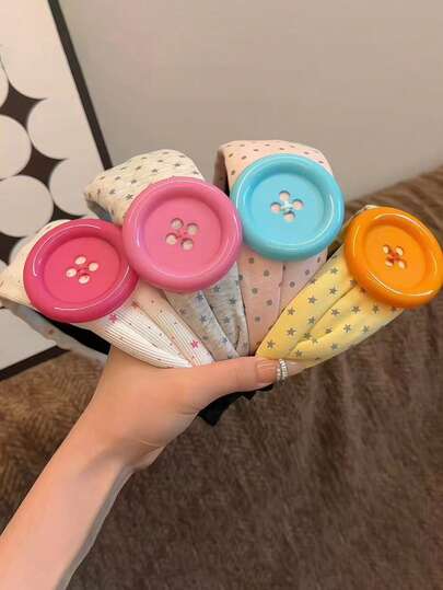 1PC Contrast Color Design Dopamine Large Button Headband Korean Style Fashion Niche Design Handmade High Crown Hair Accessory