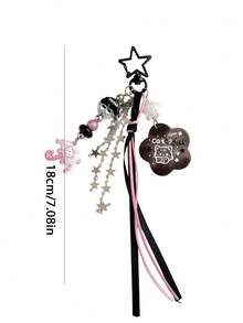 1pc Sweet Cool Black & Pink Kitten Star Strawberry Pendant, Pink Umbrella Beaded Tassel Bag Charm Accessory - Multicolor - View 5