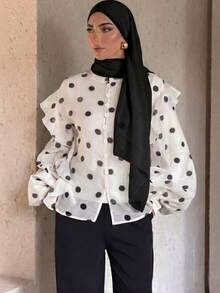 Vintage Polka Dot Print Blouse, Loose Chiffon Lantern Sleeve, Ruffle Trim, Sheer Button-Up Blouse, Street Style, Beach Vacation Summer White - White - View 1